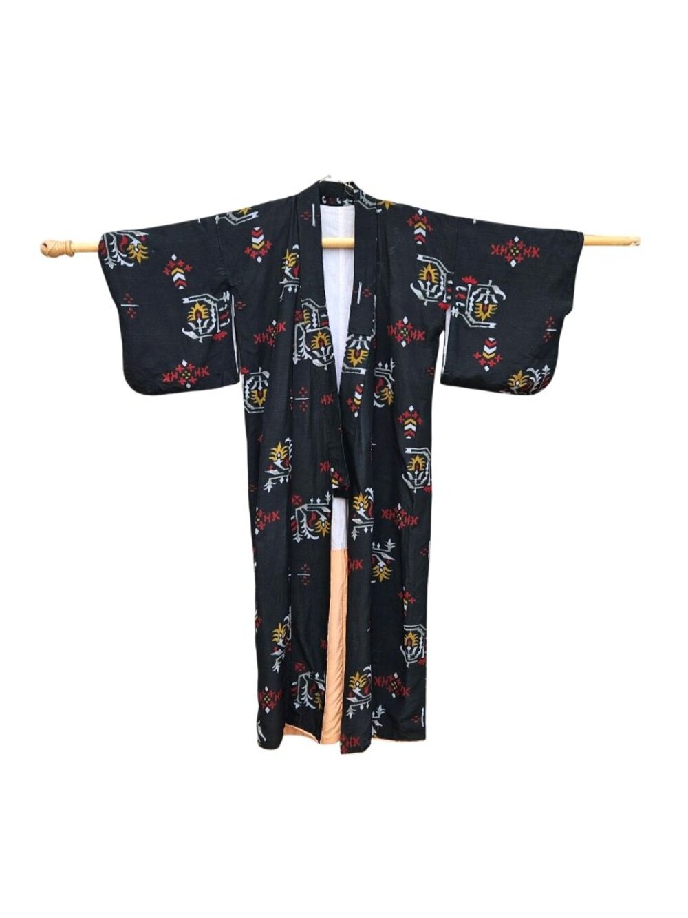 Vintage Japanese Black Cotton Kimono Hand Stitched Katazome Block Print L